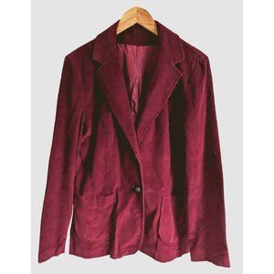 VINTAGE 80s Burgundy Corduroy Blazer - Unbranded Single Breasted Lined Size 12